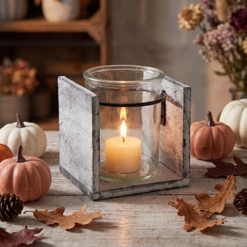 Portavelas de cristal en un marco de madera rústica – gris y blanco, 10x9x10cm – Encantadora decoración de mesa | Floristik24.es