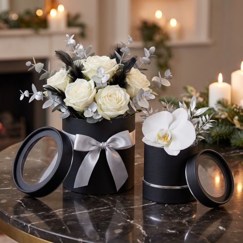 Jardinera redonda de cartón negro, plateado Ø10/12cm juego de 2 | Floristik24.es