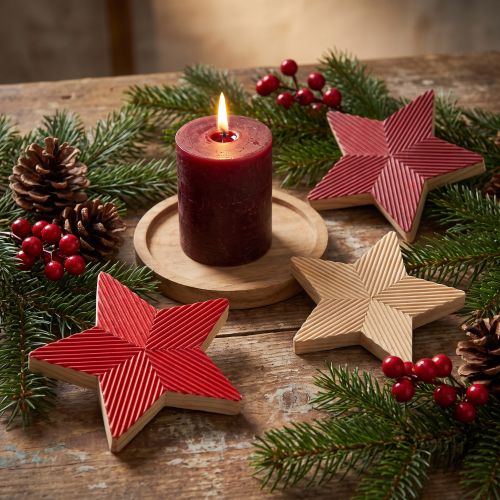 Estrellas poinsettias de madera estriadas rojo natural 11cm 3uds | Floristik24.es