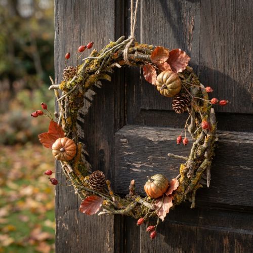 Corona decorativa natural, Ø33cm, liquen, musgo, corona para puerta, decoración de mesa, decoración de pared. | Floristik24.es
