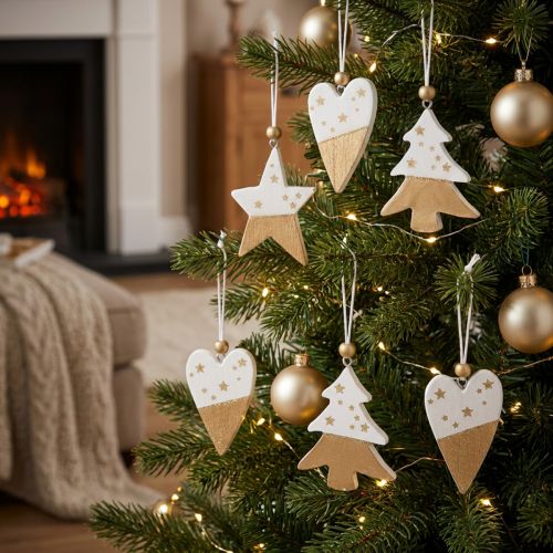 Adornos navideños, estrella de madera, árbol, corazón, 6 piezas, colgantes decorativos blancos y dorados | Floristik24.es