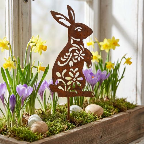 Estaca de jardín Patrón de flor de conejito de óxido Decoración de jardín Pascua 9 × 15 cm | Floristik24.es