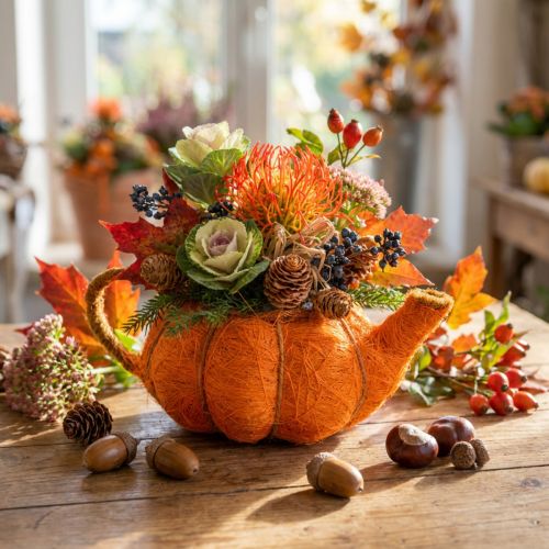 Jarra para plantar calabaza decorativa naranja/amarillo-verde Ø13cm | Floristik24.es