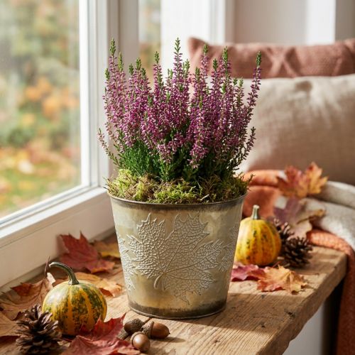 Jardinera para otoño, cubo de metal con decoración de hojas, recipiente de metal dorado Ø14cm H12.5cm | Floristik24.es