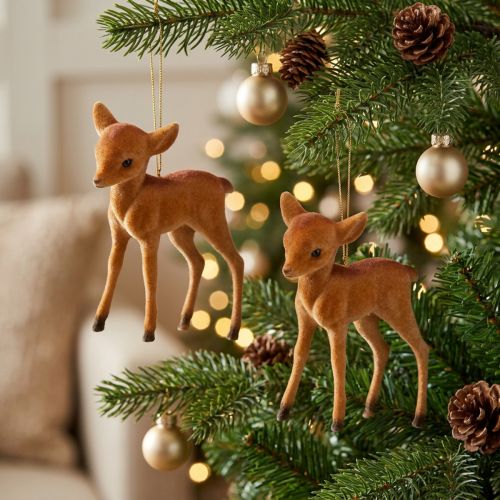 Figura decorativa reno joven marrón 7,5cm flocado 2 piezas | Floristik24.es