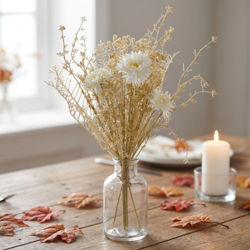 Ramo artificial de ásteres y gitanos en tonos beige y blanco, perfecto para decoración de bodas y arreglos otoñales, 43 cm. | Floristik24.es