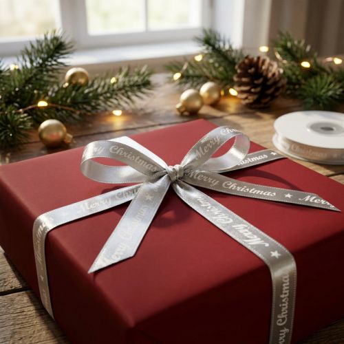 Cinta navideña Cinta Feliz Navidad Plata Blanco 10mm 20m | Floristik24.es