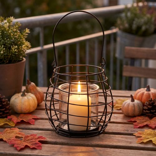Farol de jardín con asa, negro, portavelas de cristal, Ø17cm, H15cm | Floristik24.es