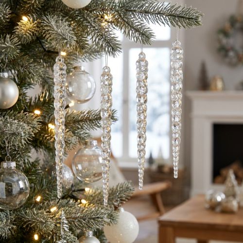 Carámbanos decorativos para colgar purpurina transparente invernal 14cm 4ud | Floristik24.es