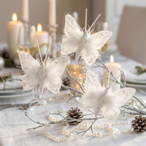 Mariposas de plumas con clip blanco brillo 5x4,5cm 4 piezas | Floristik24.es