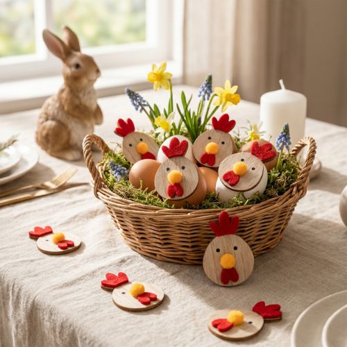 Pollo de madera con punto adhesivo, decoración de Pascua para manualidades, decoración de mesa creativa, estilo rústico, 5 cm, 36 piezas | Floristik24.es