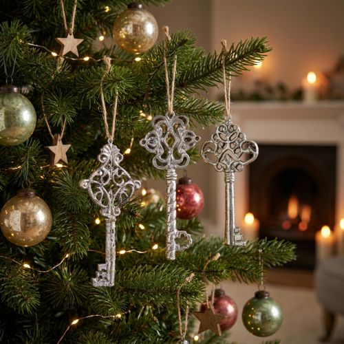Llave decorativa para colgar plata antigua 10cm 3uds | Floristik24.es