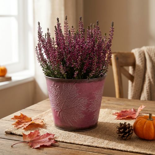 Macetero con decoración de hojas, decoración de otoño, macetero de metal rojo vino Ø16,5 cm H14,5 cm | Floristik24.es