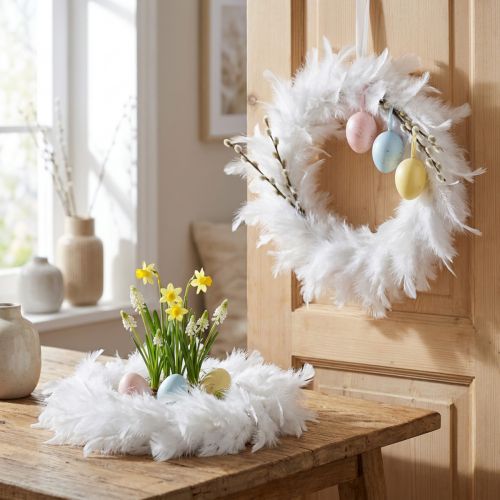 Corona de plumas blanca Ø25cm Decoración de Pascua corona decorativa de plumas reales 2 piezas | Floristik24.es