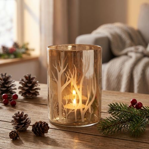Linterna de cristal Deco Trees Brown Tealight Glass Ø9.5cm H13.5cm | Floristik24.es