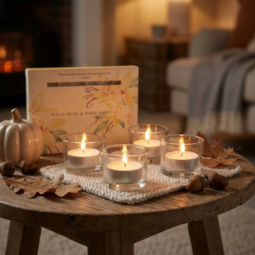 Artículo Velas aromáticas de vainilla y almizcle blanco, tipo candelita, Ø3,5 cm, 12 unidades.