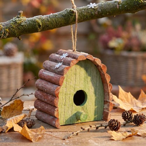 Pajarera decorativa colgante con techo redondo madera verde marrón 16,5×10×17cm | Floristik24.es