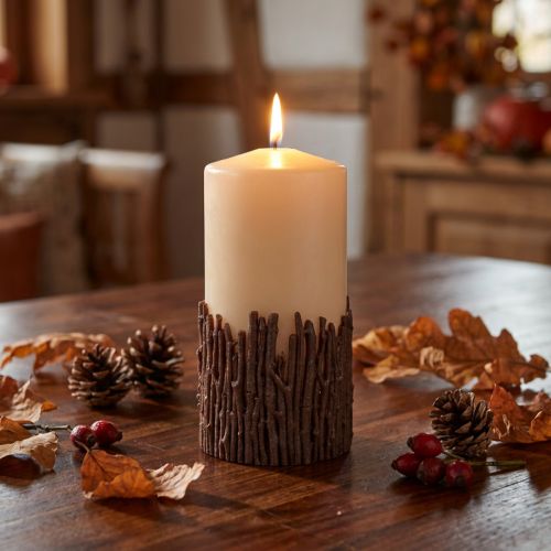 Vela rústica de pilar con ramas, beige, 150x70 mm, vela decorativa | Floristik24.es