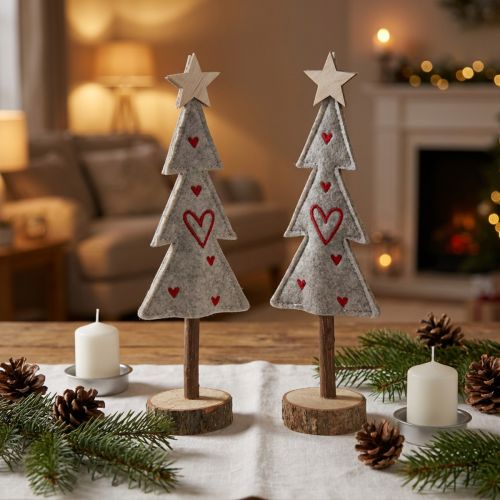 Árbol de Navidad de fieltro decorado con corazones gris rojo 28cm 4 piezas | Floristik24.es