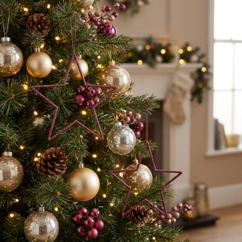 Decoración navideña colgante con forma de estrella y bayas con purpurina (18 cm de diámetro, 8 piezas) | Floristik24.es