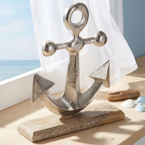 Ancla de metal sobre base de madera Color plata A21cm | Floristik24.es