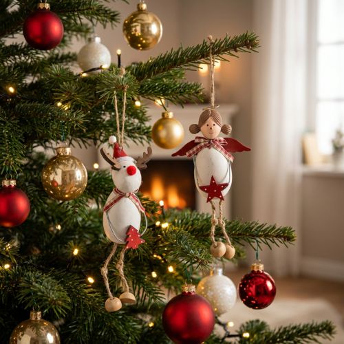 Figuritas navideñas, ángel y reno, para colgar, blancas, rojas, Ø4,7 cm, H20/18 cm, 2 piezas | Floristik24.es