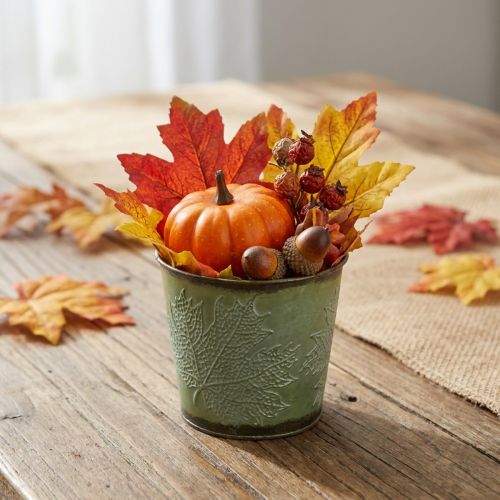 Jardinera con decoración de hojas, recipiente de metal para el otoño, cubo de plantas verde Ø10cm H10cm | Floristik24.es