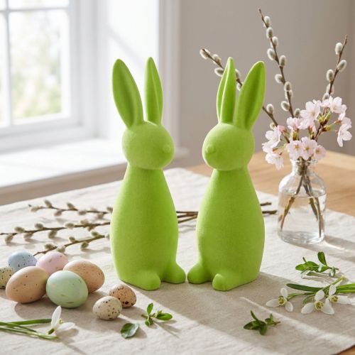 Conejitos flocados, verde manzana, decoración de mesa de Pascua, 8×10×29cm, 2 piezas | Floristik24.es