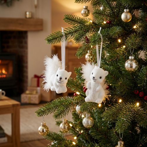 Artículo Colgantes de Ardilla Blanca de 6 cm con Purpurina y Detalle de Plumas - Perfectos para decoración festiva del árbol de Navidad - Paquete de 2