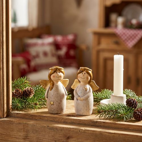 Encantador dúo de ángeles de cerámica en color blanco crema con detalles dorados - 8,6 cm - Figuras decorativas celestiales - 2 piezas | Floristik24.es