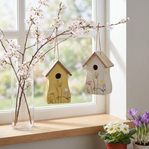 Artículo Decoración para colgar pajarera madera blanco amarillo 13cm 2uds