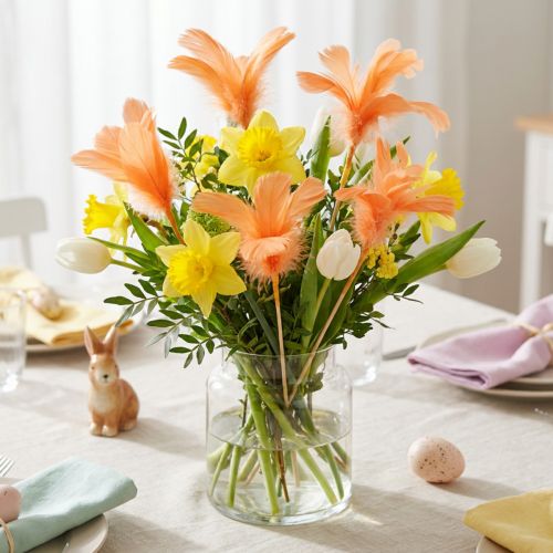 Artículo Plumas decorativas plumas de pájaro naranja en palo 36cm 12uds