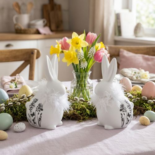 Conejito De Cerámica Blanco Sentado Flores Plumas 9×7×14cm 2uds | Floristik24.es