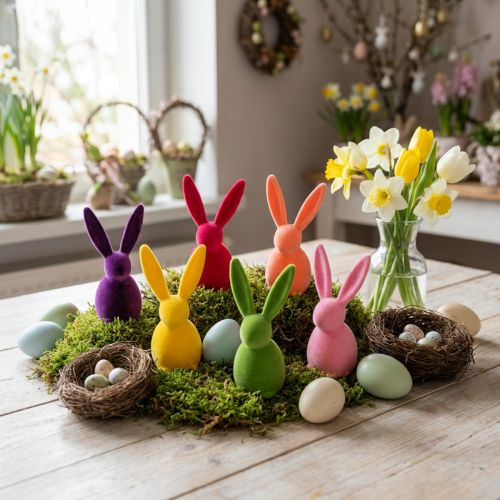 Conejo flocado, colorido, 13 cm de alto, surtido, 6 piezas | Floristik24.es