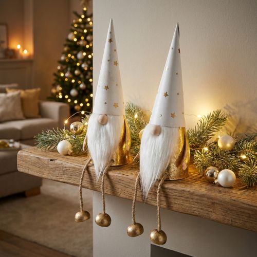Figura decorativa navideña de gnomo blanco, dorado Ø6,5cm H22cm 2 piezas | Floristik24.es