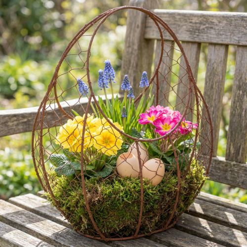 Cesta de alambre, maceta de metal, decoración de primavera, cesta de Pascua, marrón, acabado óxido, 34 cm de alto x 30 cm de largo. | Floristik24.es