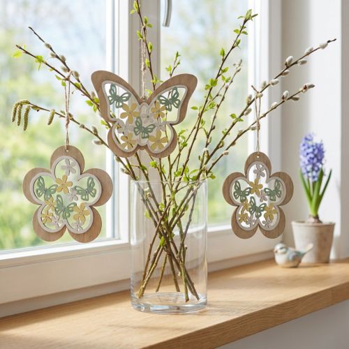 Mariposa para colgar, flor colgante de madera, decoración primaveral con purpurina Al.11/14,5cm 4uds | Floristik24.es