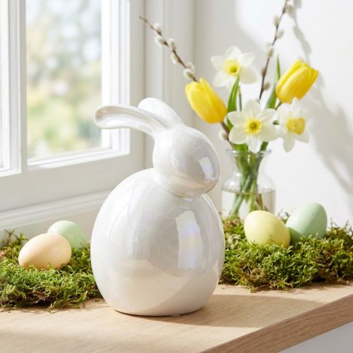 Conejito de cerámica, figura de pascua, decoración de primavera, conejito de pascua blanco, nácar Al. 17 cm | Floristik24.es