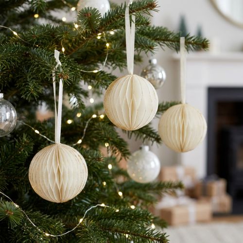 Artículo Bolas de nido de abeja bolas de nido de abeja Navidad brillo blanco Ø7cm 4ud