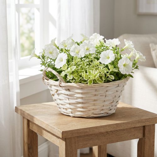 Cesta con asas, cesta de madera aglomerada, cesta para plantas, blanca, vintage, decorativa, Ø35cm | Floristik24.es