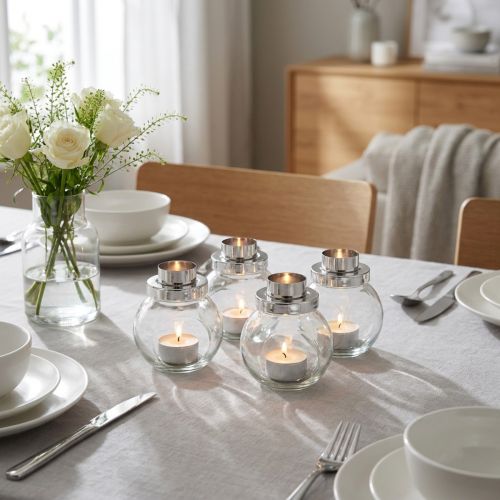 Portavelas candelabro vidrio metal plata Ø10,5cm 4ud | Floristik24.es