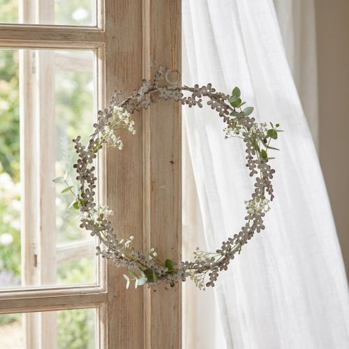 Artículo Decoración de ventanas, corona de puerta, corona de flores shabby chic, metal, blanco, Ø16,5 cm