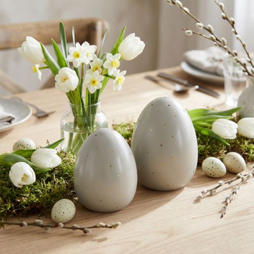 Decoración de huevos de Pascua de cerámica con puntos de oro gris Ø8cm H11cm 2ud | Floristik24.es