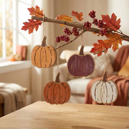 Decoración colgante de calabaza, decoración otoñal de madera, 14,5 x 13 cm, 8 piezas | Floristik24.es