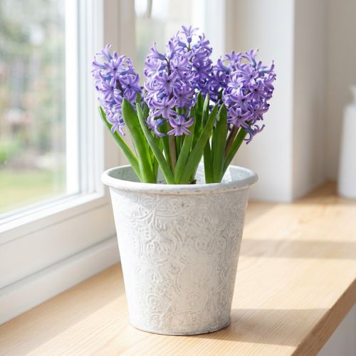 Maceta con adornos, maceta decorativa, recipiente de metal, blanco, Ø15,5 cm, H14,5 cm | Floristik24.es