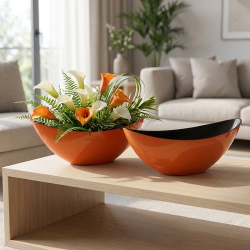 Bol moderno con forma de barco en color naranja – 39 cm – Uso versátil para decoración y plantación – 2 piezas | Floristik24.es