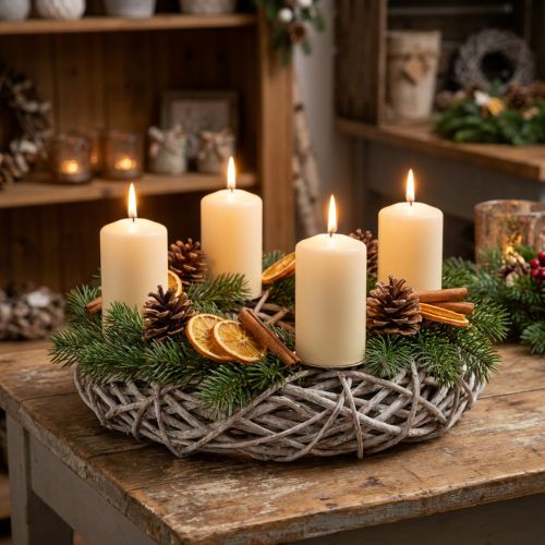 Corona de madera, corona decorativa, blanco natural, Ø30cm, H9.5cm | Floristik24.es