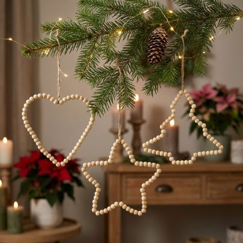 Cuentas navideñas decorativas de madera corazón estrella árbol H16cm 3 piezas | Floristik24.es