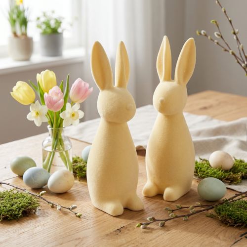 Conejito de Pascua decorativo (2.ª opción), flocado, amarillo claro, 29,5 cm de alto, 2 unidades | Floristik24.es