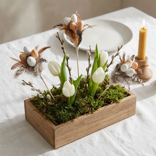Huevos de codorniz artificiales, plumas decorativas en un palito, 36 cm, 12 unidades | Floristik24.es